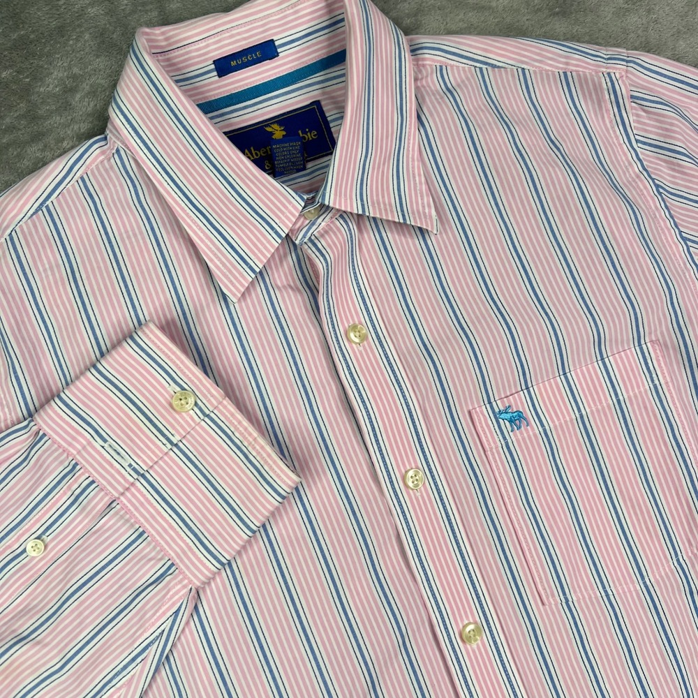 Abercrombie & Fitch Muscle Fit‎ Shirt Mens 2XL Pink Blue Striped Cotton Pocket